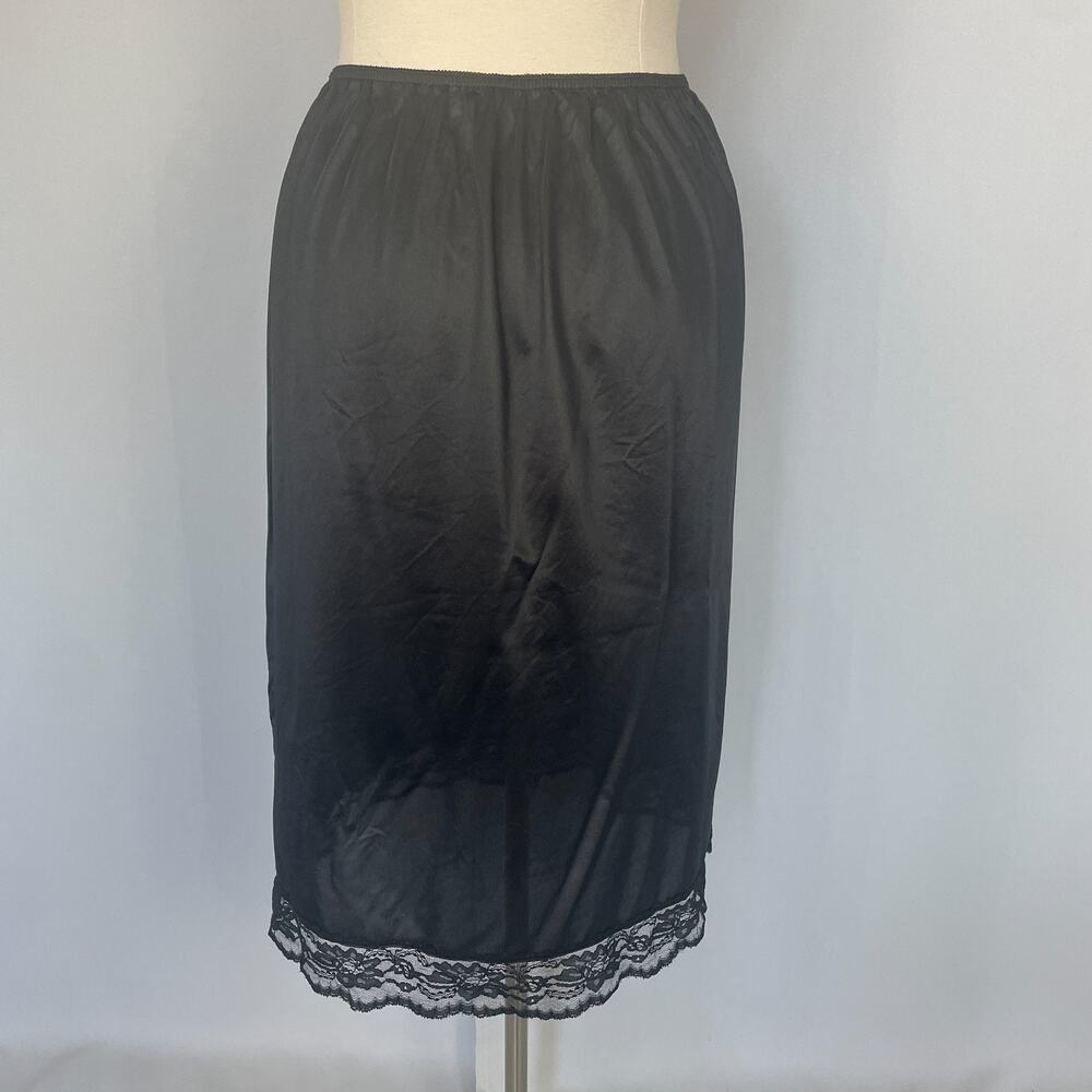 Half Slip Skirt Plus Size 26W 28W Black Satin Nylon Lace Trim Lingerie Layering - Picture 8 of 12